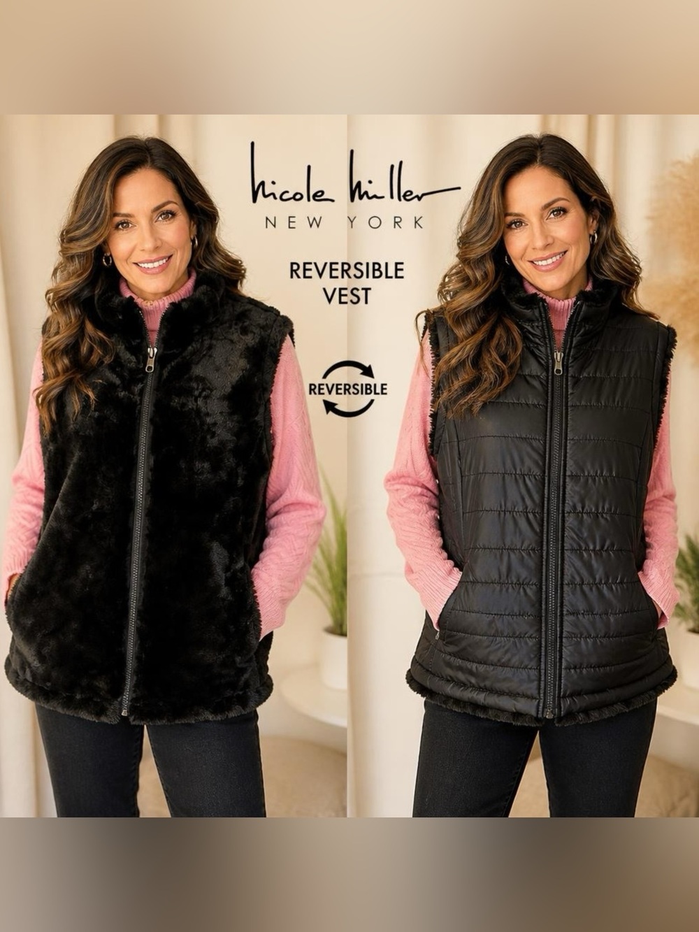 Nicole Miller Black Reversible Faux Fur and Quilted Vest